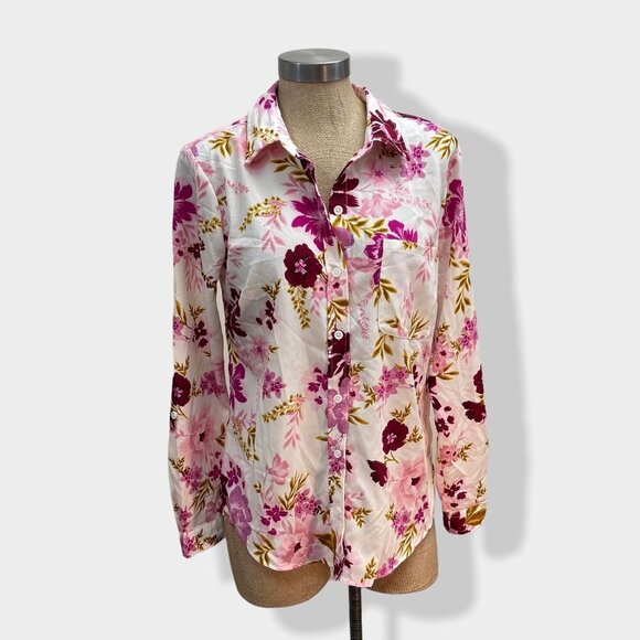 TIME and Tru Pink Floral Button Down‎ Blouse M - Picture 1 of 4